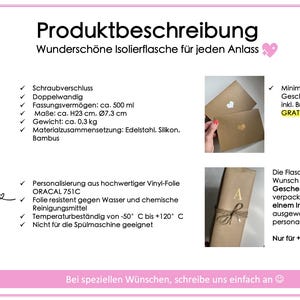 May include: White insulated water bottle with a bamboo lid and a personalized label that says "Hanna". The bottle is shown in a product description with details about its features, including a screw top, double wall construction, and a capacity of 500 ml. The description also mentions that the bottle is resistant to water and chemicals, temperature resistant, and comes with a free gift card and envelope.