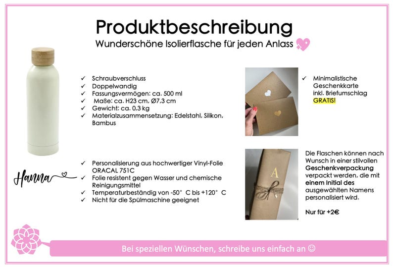 May include: White insulated water bottle with a bamboo lid and a personalized label that says "Hanna". The bottle is shown in a product description with details about its features, including a screw top, double wall construction, and a capacity of 500 ml. The description also mentions that the bottle is resistant to water and chemicals, temperature resistant, and comes with a free gift card and envelope.