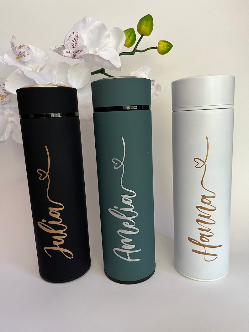 Beautiful insulated bottle with tea strainer, thermos bottle, drinking bottle personalized with name, great gift for woman / man / birthday image 1