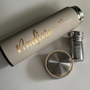 Beautiful insulated bottle with tea strainer, thermos bottle, drinking bottle personalized with name great gift for woman / man / birthday Beige