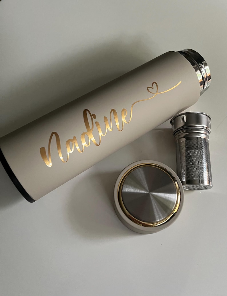 Beautiful insulated bottle with tea strainer, thermos bottle, drinking bottle personalized with name great gift for woman / man / birthday Beige