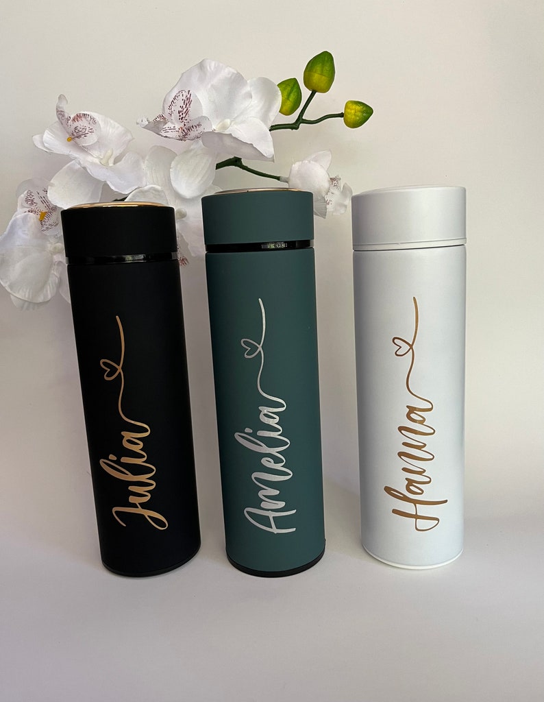 Beautiful insulated bottle with tea strainer, thermos bottle, drinking bottle personalized with name, great gift for woman / man / birthday image 9