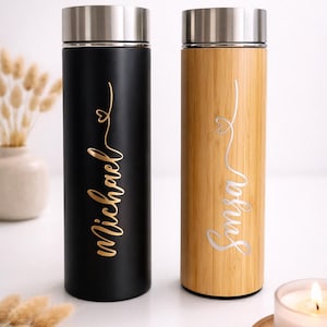 Elegante, minimalistische isoleerfles met thee-ei in bamboedesign, thermosfles, gepersonaliseerde waterfles met naam, cadeau