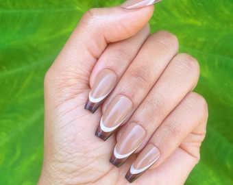 Brown Shades | French Tip | Press On Nails | Abstract Hand Painted Design