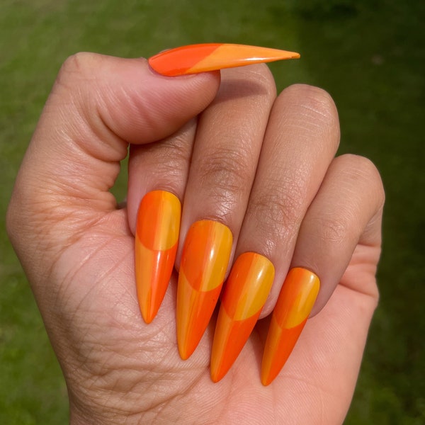 Orange | Press On Nails | French Tip | Ombré Hand Painted Design