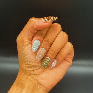 Neutral Color Press On Nails Abstract Swirl Hand Painted Design image 3