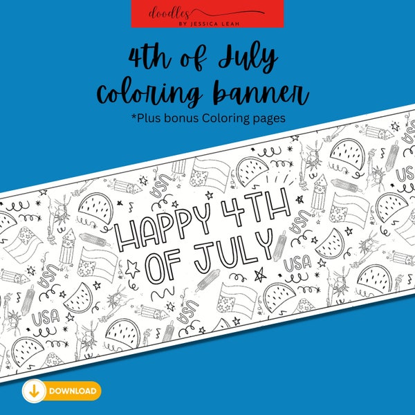 4th of July Coloring Banner and bonus coloring Pages, Coloring Table Runner, 4th of July Coloring Page, Download
