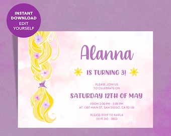May include: A birthday invitation with a watercolour background in shades of pink and purple. The invitation features a yellow braid with flowers and the text "Alanna is turning 3!" and event details.