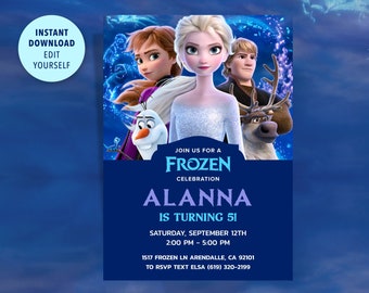 May include: A blue and purple Frozen themed birthday invitation with a picture of Elsa, Anna, Olaf, and Sven. The invitation says "Join us for a Frozen Celebration, Alanna is turning 5!" with the date, time, and location.