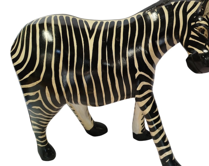 Hand-Carved Ebony Wood Zebra Figurine with Black and White Stripes - African Wildlife Art Decor-Table top console top Art