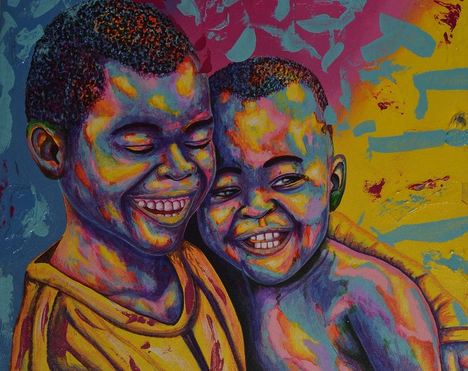 Canvas Printed African Brothers Children Wall Art Wrapped Wooden Frame Family Wall Decoration Poster For Living Room Bedroom Decoration