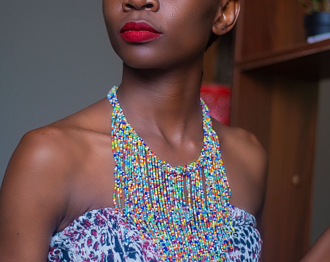 Beaded Red Yellow Green African Necklace | Maasai Traditional | Gift for Her