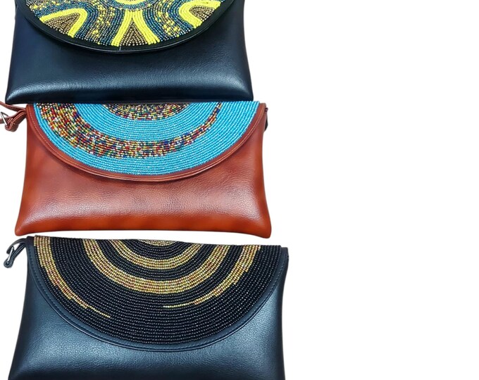 Handcrafted African Beaded Leather Clutch Bag, Turquoise Yellow & Gold Geometric Envelope Evening Purse, Boho Gift for Her