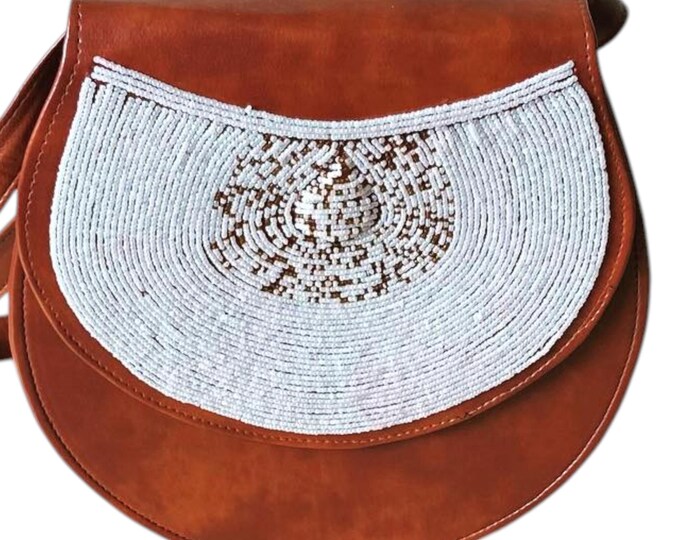 Handcrafted African Beaded Leather Crossbody Bag, Tan Saddle Bag with White & Gold Bead Accent, Boho Travel Purse Gift