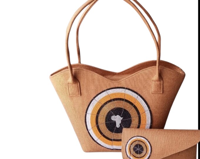 Handcrafted African Beaded Fabric Tote Bag & Wallet Set, Tan Canvas Shoulder Purse with Map Beadwork, Boho Gift for Her