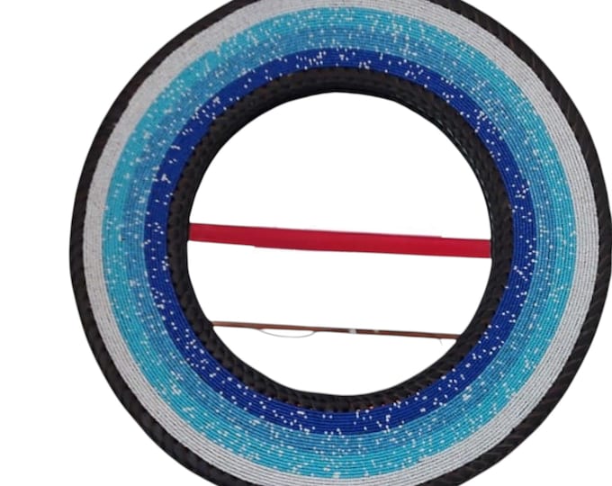 Handcrafted African Beaded Round Wall Mirror, Blue Teal & White Concentric Frame, Boho Coastal Home Decor, Housewarming Gift