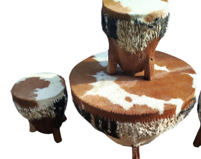 A Handcrafted Kenyan Drum Table Set Cowhide Wood Tribal Furniture Unique Home Decor Rustic African Furniture