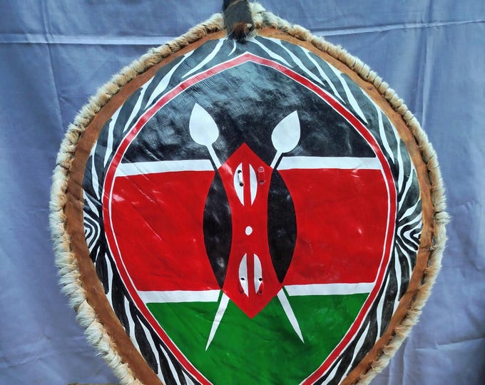 Hand Painted Kenyan Flag Shield Authentic Tribal Art Wall Decor Black Red Green White East African Souvenir Symbol of Kenya Pride Decor