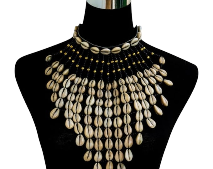 African Cowrie Shell Statement Bib Necklace, Gold Accented Choker with Cascading Shells, Luxurious