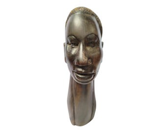 Hand-Carved African Wood Bust: Ethnic Head Sculpture