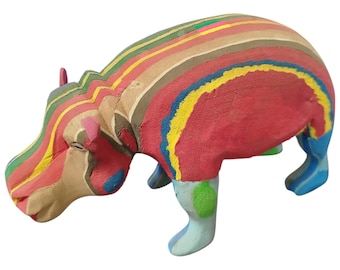 Painted Hippo Figurine | Recycled Material Striped Folk Art Sculpture | Colorful African Safari Decor