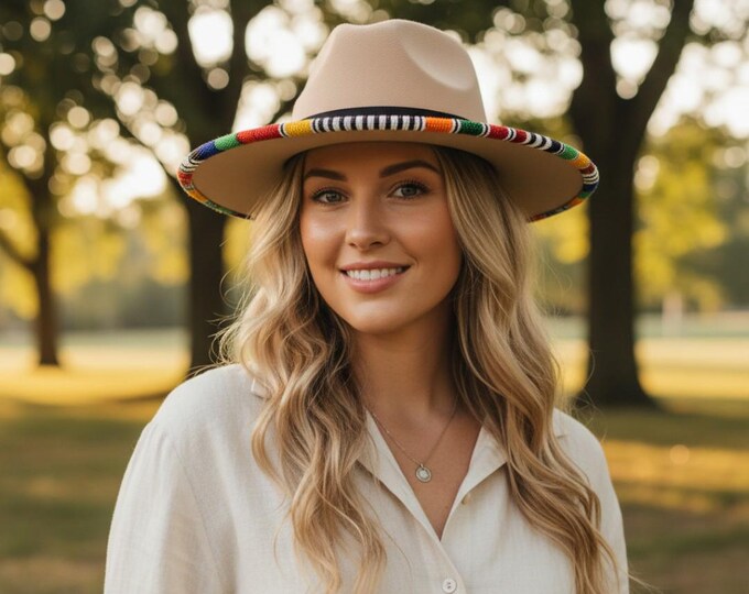 Beige Wool Fedora Hat with African Beaded Brim - Boho Tribal Wide Brim Hat - Festival Summer Hat