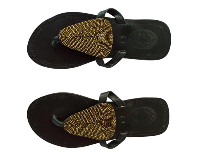 Elegant Gold Beaded Sandals Women Summer Beach Handmade African Wedding Birthday Gift Unique Triangle Flip Flops Leather Look Finest Beads