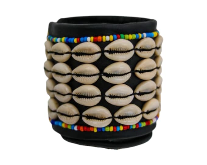 African Cowrie Shell Cuff Bracelet | Black & Multi-Colored Beaded Tribal Bangle | Handmade Statement Jewelry