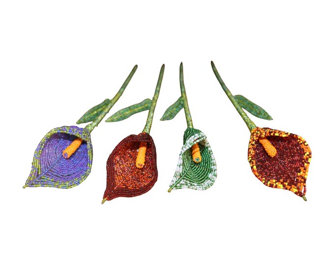 Set of 4 Handcrafted African Beaded Calla Lily Stems, Unique Arum Forever Flowers
