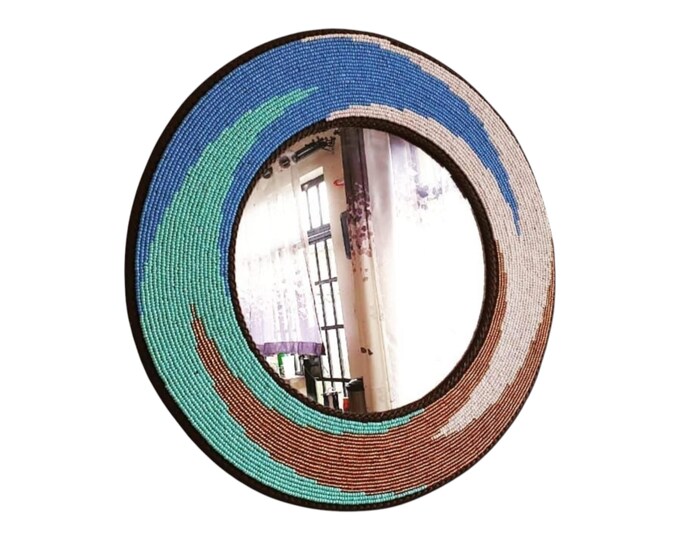 Handcrafted African Beaded Round Wall Mirror, Blue Teal & Bronze Swirl Beaded Frame Art, Boho Home Decor, Housewarming Gift