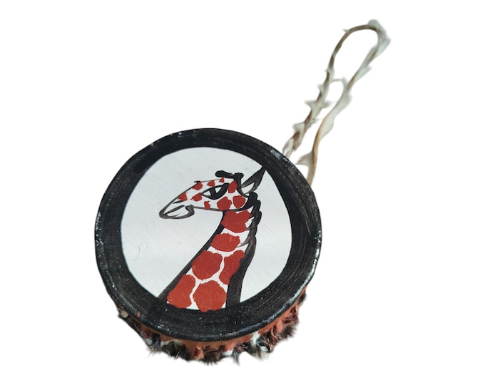 A Giraffe Hand Painted Kenyan Mini Drum African Souvenir Tribal Art Wall  Decor Gift Collectible Display