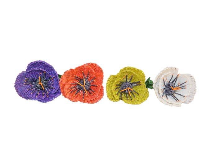 Set of 4 Handcrafted African Beaded Poppy Flower Stems, Vibrant Multi-Color Forever Blooms