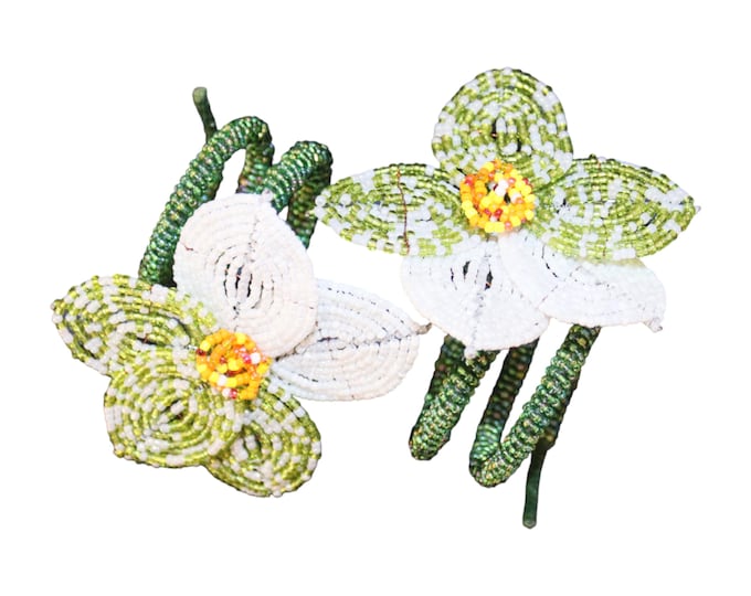 Set of 6 Beaded Green & White Orchid Napkin Rings, African Wire Seed Bead Flower Holders, Boho Table Decor Accent Gift