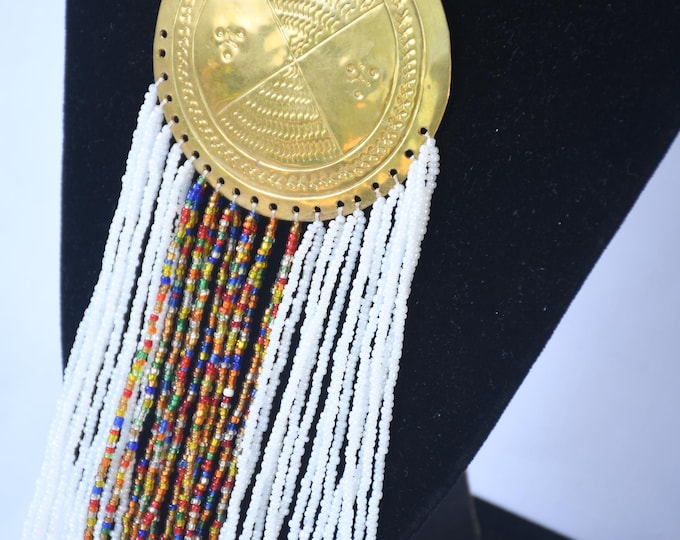 On SALE African Exquisite White Beaded Necklace with Large Brass Pendant & Colorful Tassels | Stylish | Gift for Her | Masai Mara