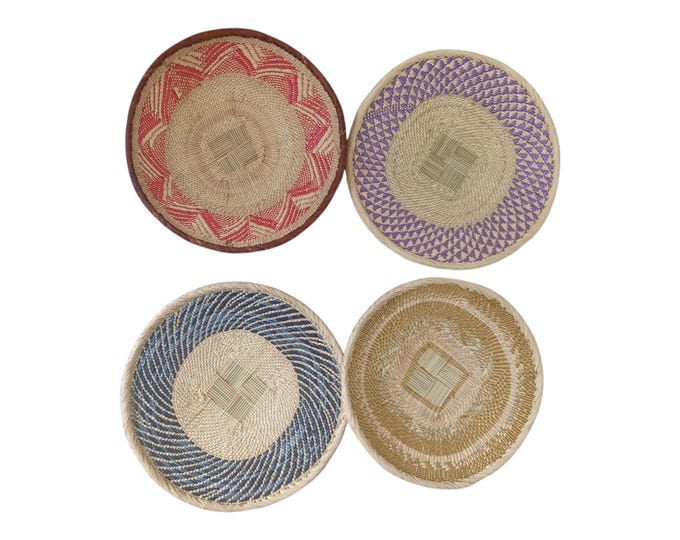 Set of 4 Woven Wall Baskets Decor, Pastel Boho Wall Hanging Basket Wall Art, Handwoven Natural Fiber Plates, Gallery Set 12,13''