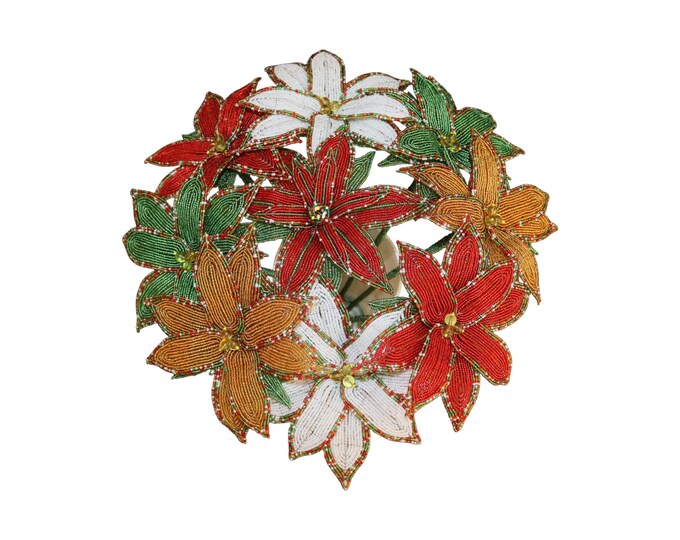 Handcrafted African Beaded Poinsettia Bouquet, Permanent Red, White, and Green Christmas Flowers