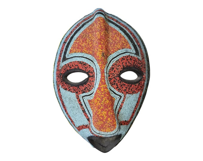Ancestral Grace: Punu Beaded Mask in Red, Orange, and Blue Wall Decor Display Wall Hanging Ceremonial