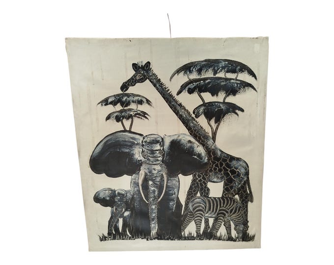 Striking Hand-Painted African Wall Art: Elephant, Giraffe, and Zebra in the Savanna – Monochrome Majesty- Unique Home decor