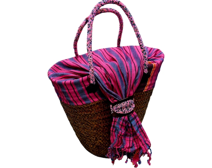 Handcrafted African Sisal Tote Bag, Woven Straw Beach Basket with Pink Striped Cloth Top & Beaded Handles, Summer Tote Gift
