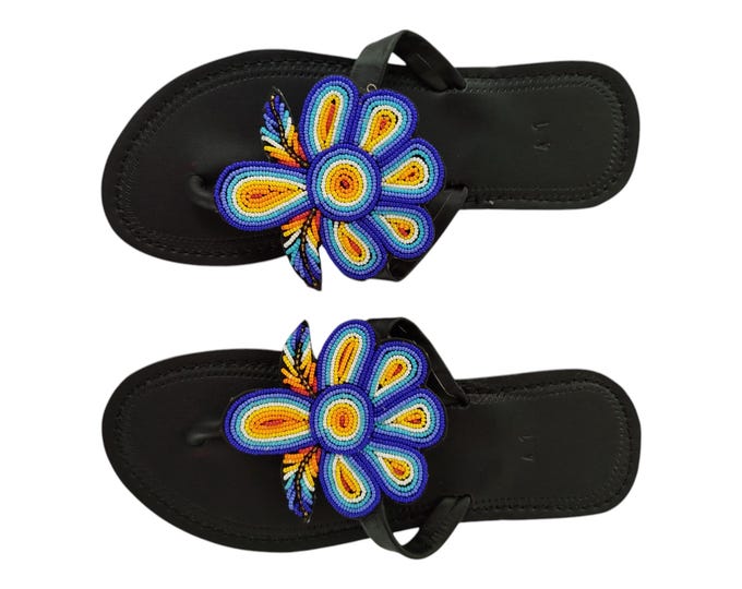 Blue Flower Beaded Sandals Women Summer Beach Handmade African Wedding Birthday Gift Colorful Leaf Design Leather Look Finest Beads Art Wow