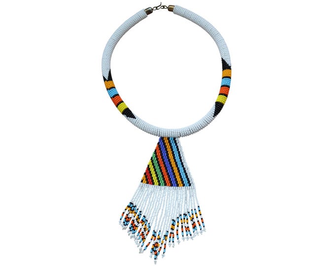 White Beaded Choker Necklace | African Maasai Tribal Fringe Bib | High Contrast Statement Collar