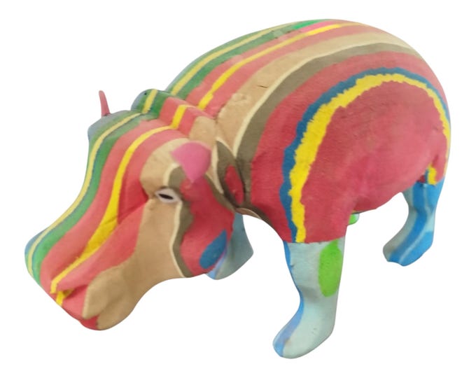 A Hand Carved Colorful Wooden Hippopotamus Sculpture African Art Decor Gift Collectible Handmade Display Decor Tribal