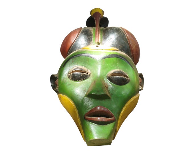 ON SALE!!   Elegant West African Wooden Mask with Green Face & Elaborate Headdress wall Decor Display Wall Hanging Ceremonial