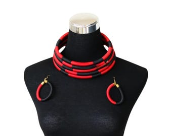 3-Pc Red & Black Rope Wrapped Statement Jewelry Set | Chunky Multi-Strand Collar Necklace: Hoop Earrings