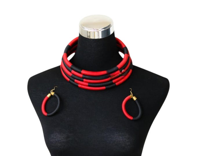 3-Pc Red & Black Rope Wrapped Statement Jewelry Set | Chunky Multi-Strand Collar Necklace: Hoop Earrings
