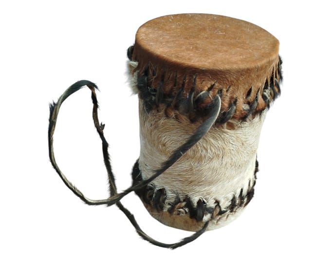 A Cowhide & Fur Kenyan Mini Drum African Souvenir Natural Hide Tribal Art Decor Gift Collectible Handmade Decor