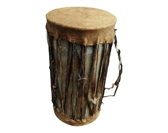 A  Striped Hide Kenyan Mini Drum African Souvenir Tribal Art Decor Gift Collectible Handmade Display Decor