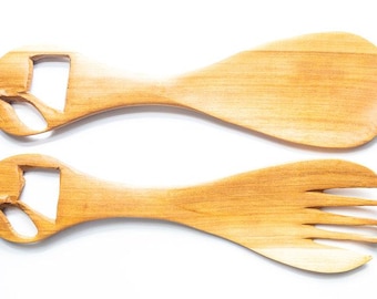 On sale Hand-Carved African Wooden Salad Servers: Elegant Kitchenware | Wooden Spoons | African Spoon | Zebra Design | Olive Wood | Elephant
