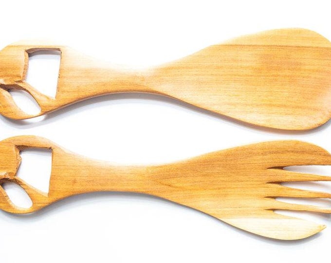 On sale Hand-Carved African Wooden Salad Servers: Elegant Kitchenware | Wooden Spoons | African Spoon | Zebra Design | Olive Wood | Elephant