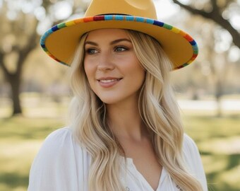 Mustard Yellow Wool Fedora with Multi-Color Beaded Brim - Boho Festival Wide Brim Hat